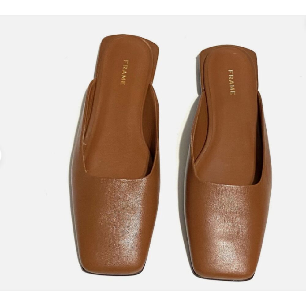 FRAME Le Town Square Toe Leather Mules 41 Brown Flat Slide Sandals Minimalist